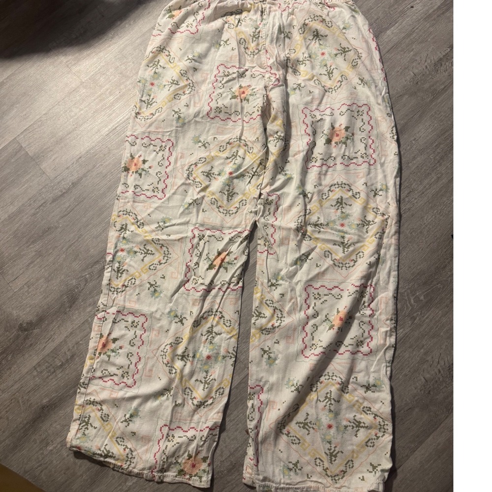 Cali 1850 Womens XL Floral Cross Stitch Print Wide Leg Drawstring Pants White